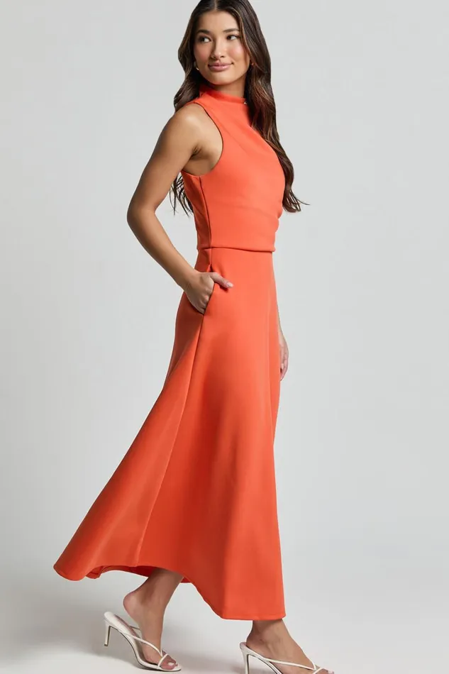Macy Midi Dress 8211 High Neck A Line Dress In Orange Women Showpo Dresses