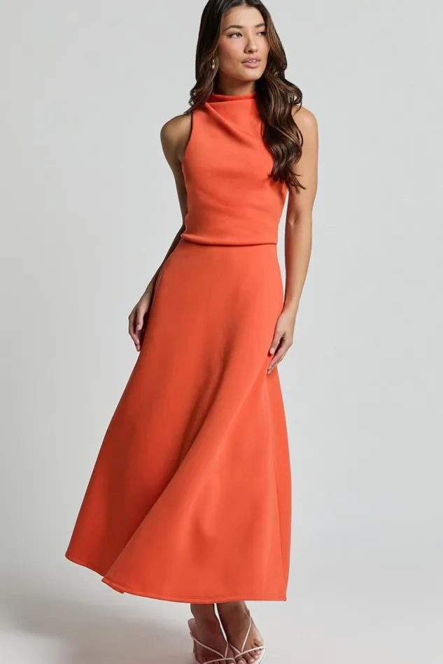 Macy Midi Dress 8211 High Neck A Line Dress In Orange Women Showpo Dresses