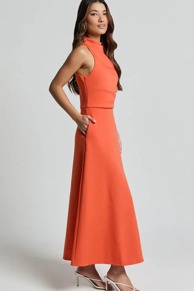 Macy Midi Dress 8211 High Neck A Line Dress In Orange Women Showpo Dresses