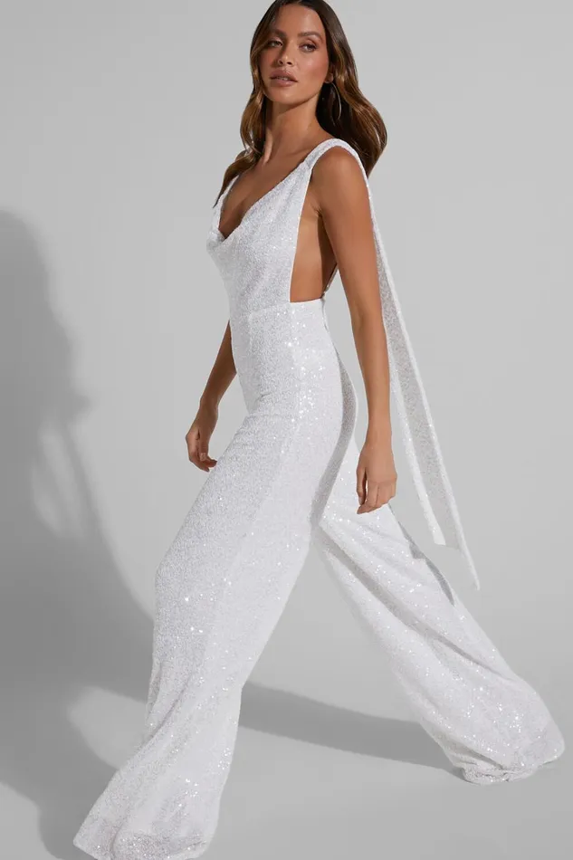 Malisha Jumpsuit 8211 Cowl Neck Backless Jumpsuit In White Sequin Women Showpo Jumpsuits
