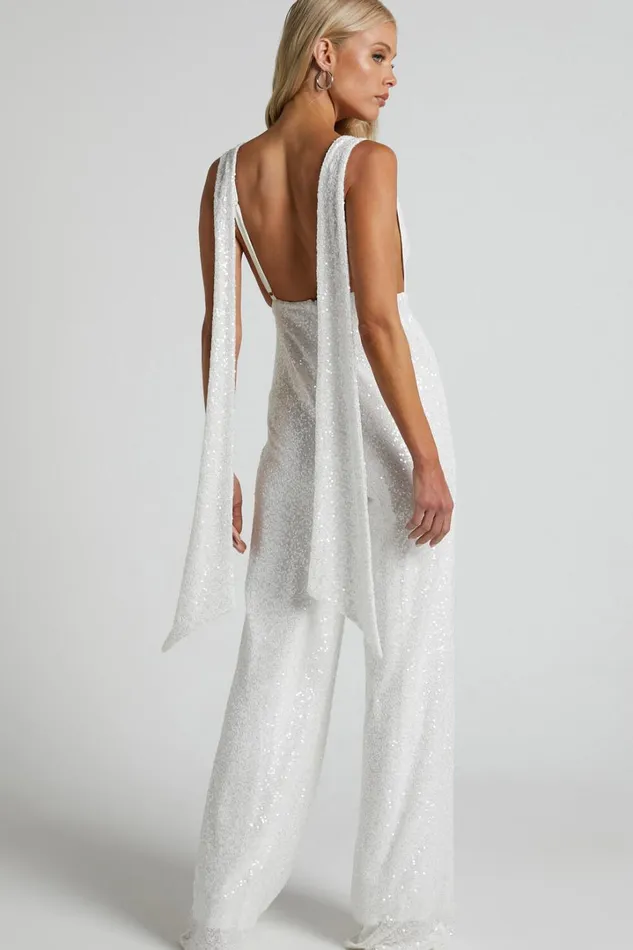 Malisha Jumpsuit 8211 Cowl Neck Backless Jumpsuit In White Sequin Women Showpo Jumpsuits