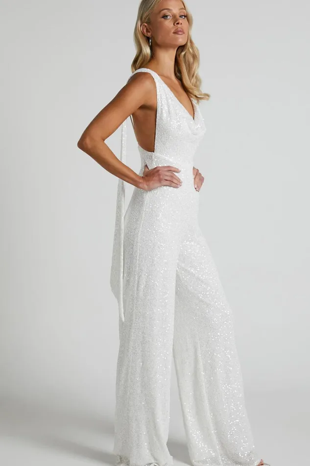 Malisha Jumpsuit 8211 Cowl Neck Backless Jumpsuit In White Sequin Women Showpo Jumpsuits