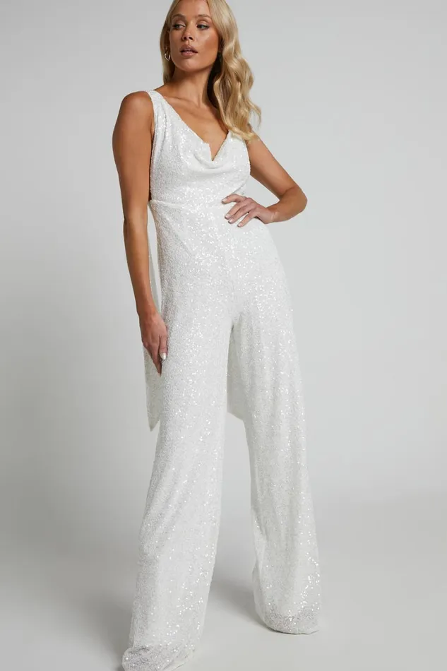 Malisha Jumpsuit 8211 Cowl Neck Backless Jumpsuit In White Sequin Women Showpo Jumpsuits