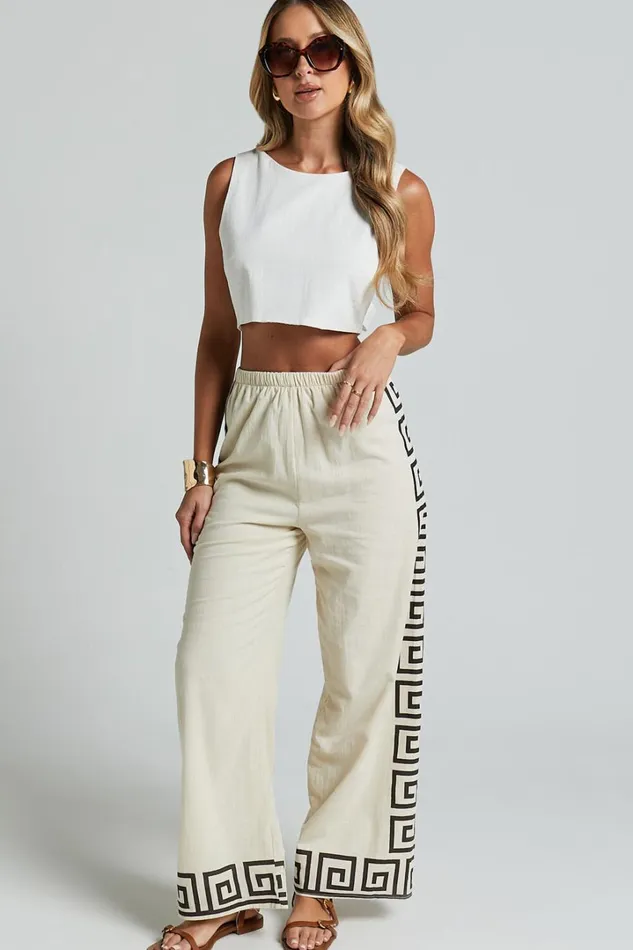 Marie Pants 8211 Elasticated Linen Look Pants In Beige Geo Women Showpo Pants