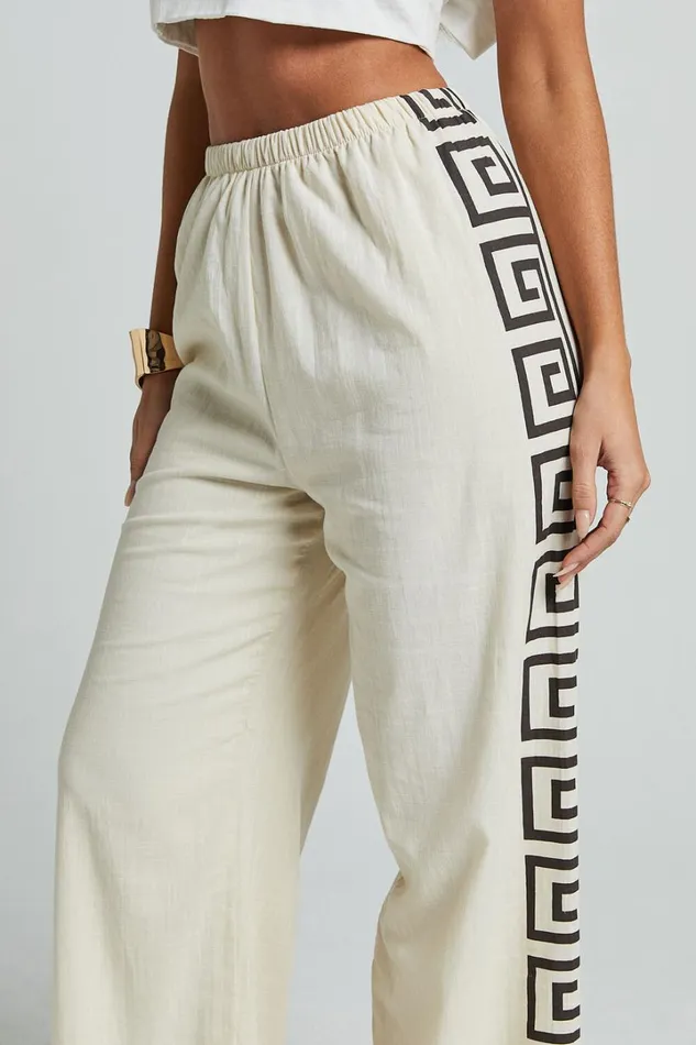 Marie Pants 8211 Elasticated Linen Look Pants In Beige Geo Women Showpo Pants