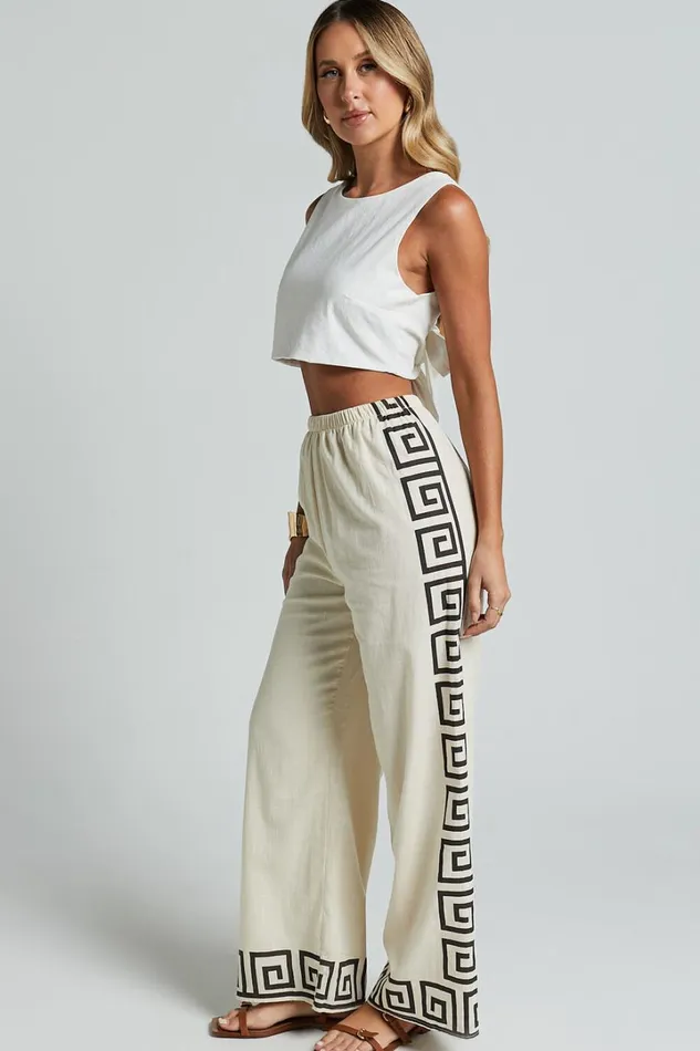 Marie Pants 8211 Elasticated Linen Look Pants In Beige Geo Women Showpo Pants