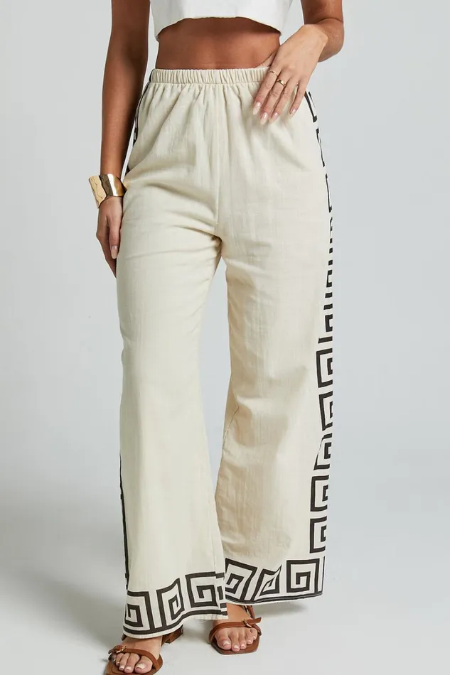Marie Pants 8211 Elasticated Linen Look Pants In Beige Geo Women Showpo Pants