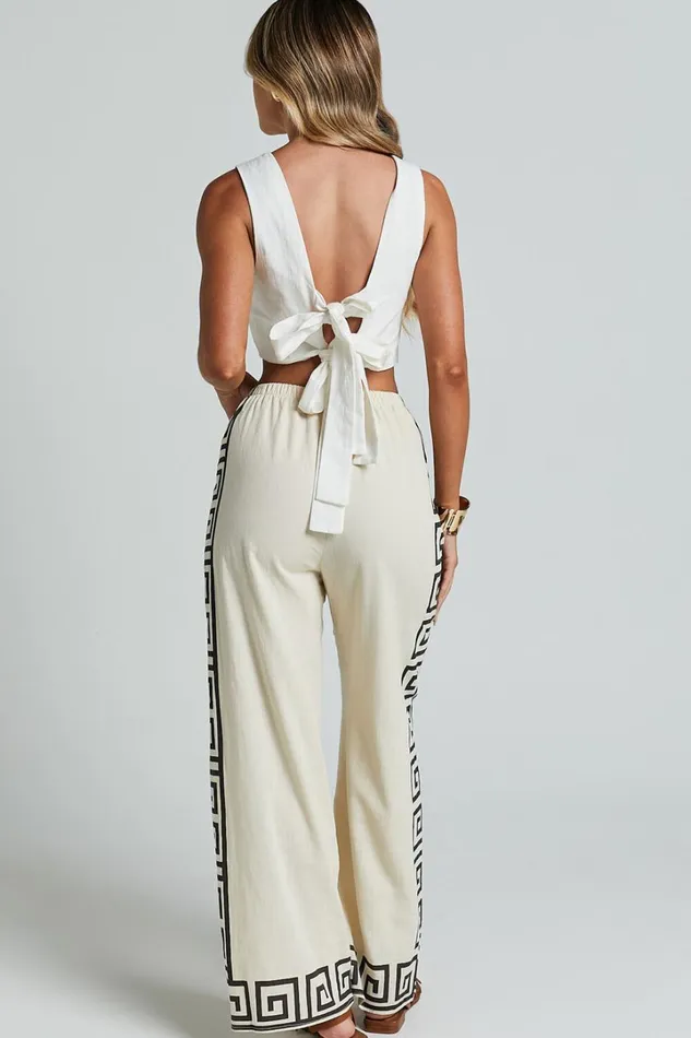 Marie Pants 8211 Elasticated Linen Look Pants In Beige Geo Women Showpo Pants