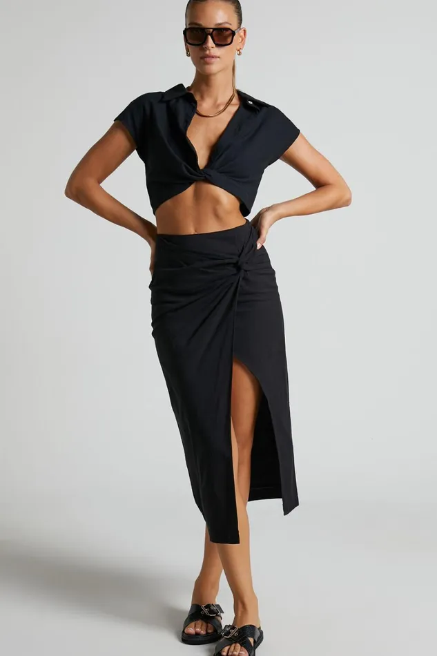 Marieta Midi Skirt 8211 Linen Look Knot Front Skirt In Black Women Showpo Skirts
