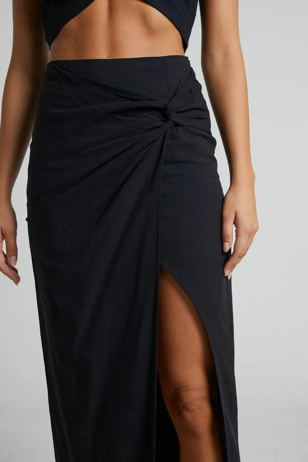 Marieta Midi Skirt 8211 Linen Look Knot Front Skirt In Black Women Showpo Skirts