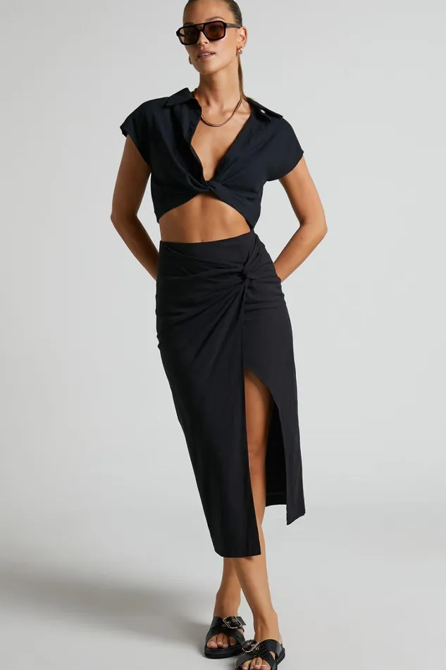 Marieta Midi Skirt 8211 Linen Look Knot Front Skirt In Black Women Showpo Skirts