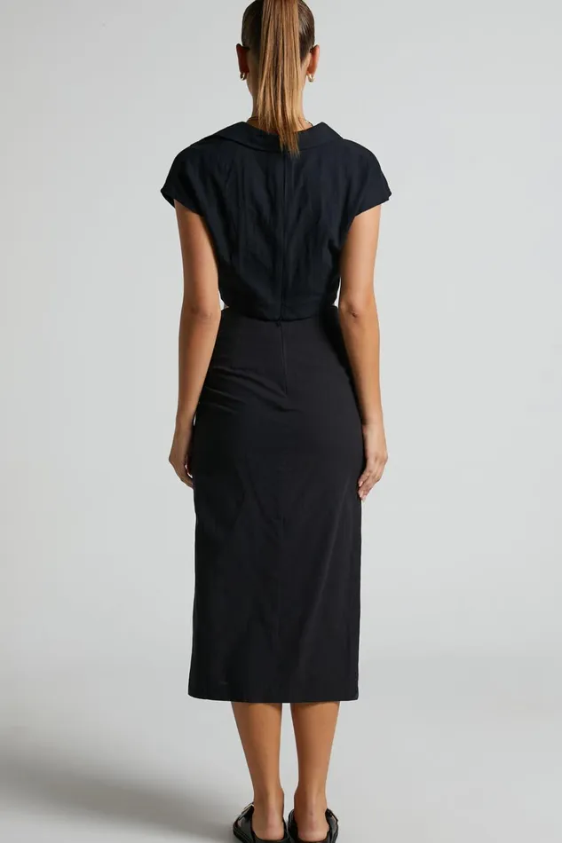 Marieta Midi Skirt 8211 Linen Look Knot Front Skirt In Black Women Showpo Skirts
