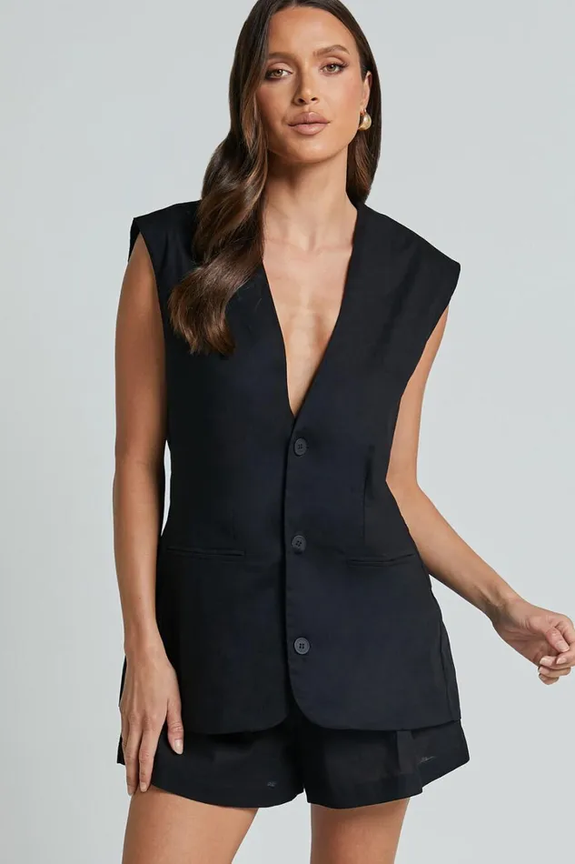 Marlee Two Piece Set 8211 Linen Look Button Through Vest And Shorts Set In Black Women Showpo Curve Clothes