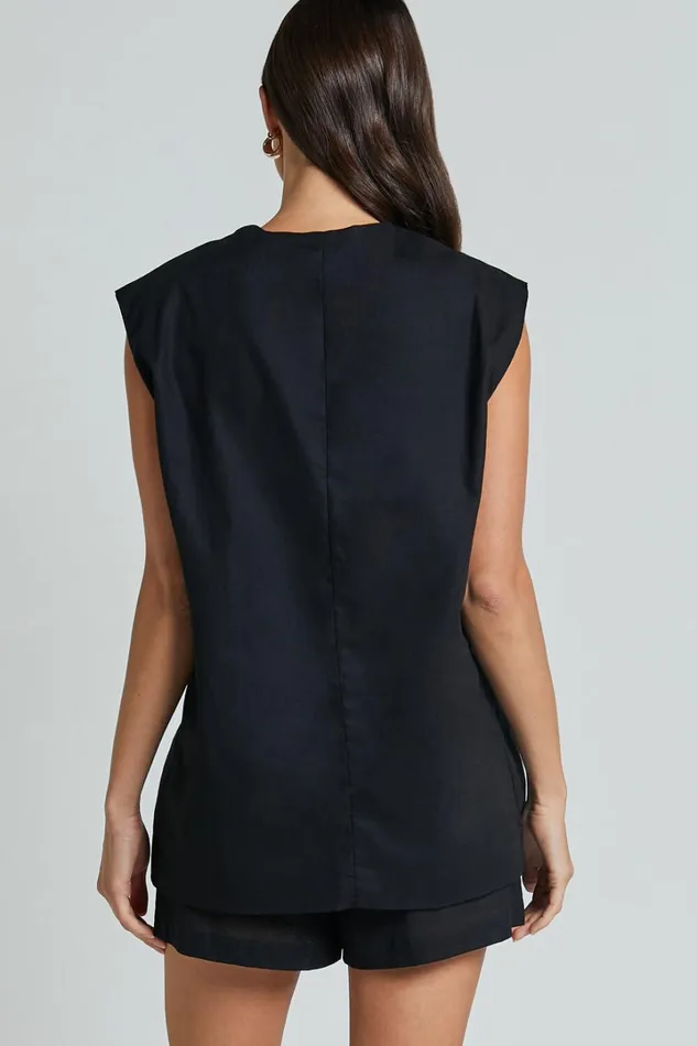 Marlee Two Piece Set 8211 Linen Look Button Through Vest And Shorts Set In Black Women Showpo Curve Clothes