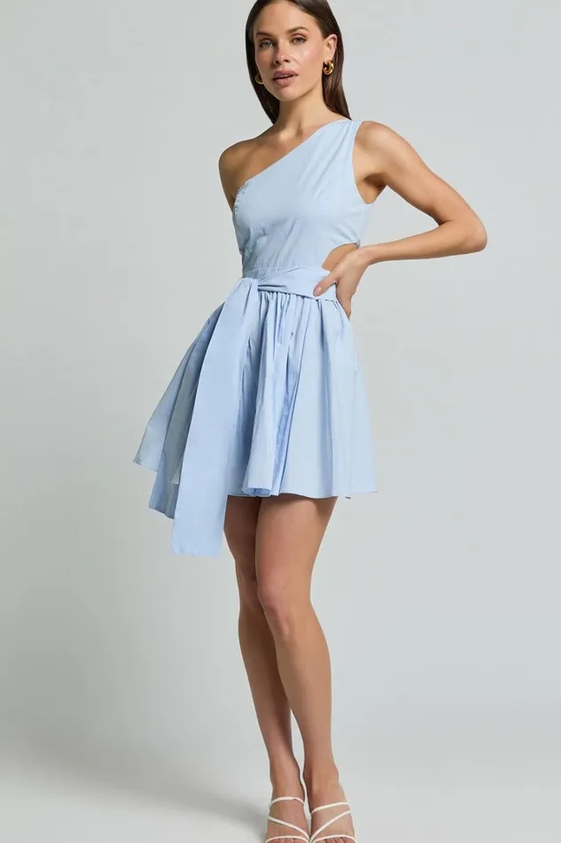 Mauee Mini Dress 8211 One Shoulder Tie Waist Cut Out Dress In Powder Blue Women Showpo Conscious