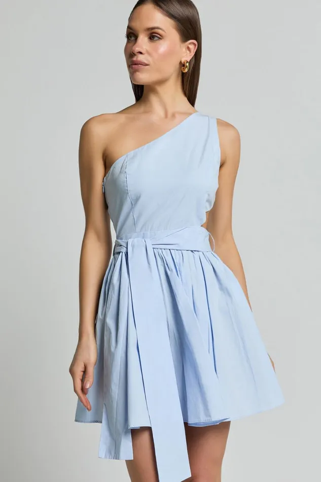 Mauee Mini Dress 8211 One Shoulder Tie Waist Cut Out Dress In Powder Blue Women Showpo Conscious