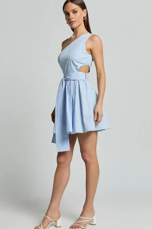 Mauee Mini Dress 8211 One Shoulder Tie Waist Cut Out Dress In Powder Blue Women Showpo Conscious