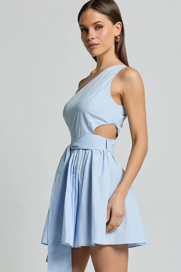 Mauee Mini Dress 8211 One Shoulder Tie Waist Cut Out Dress In Powder Blue Women Showpo Conscious