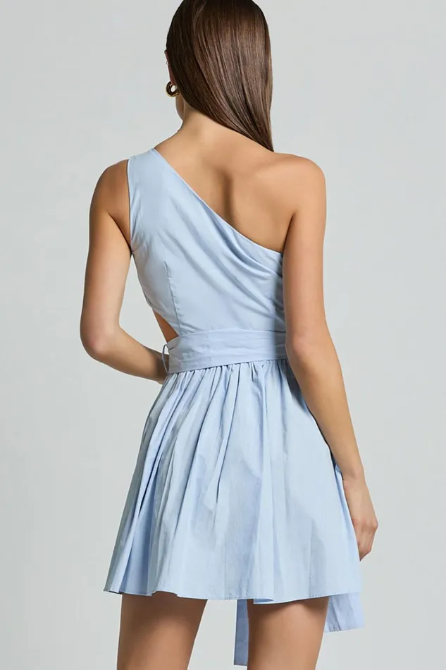 Mauee Mini Dress 8211 One Shoulder Tie Waist Cut Out Dress In Powder Blue Women Showpo Conscious