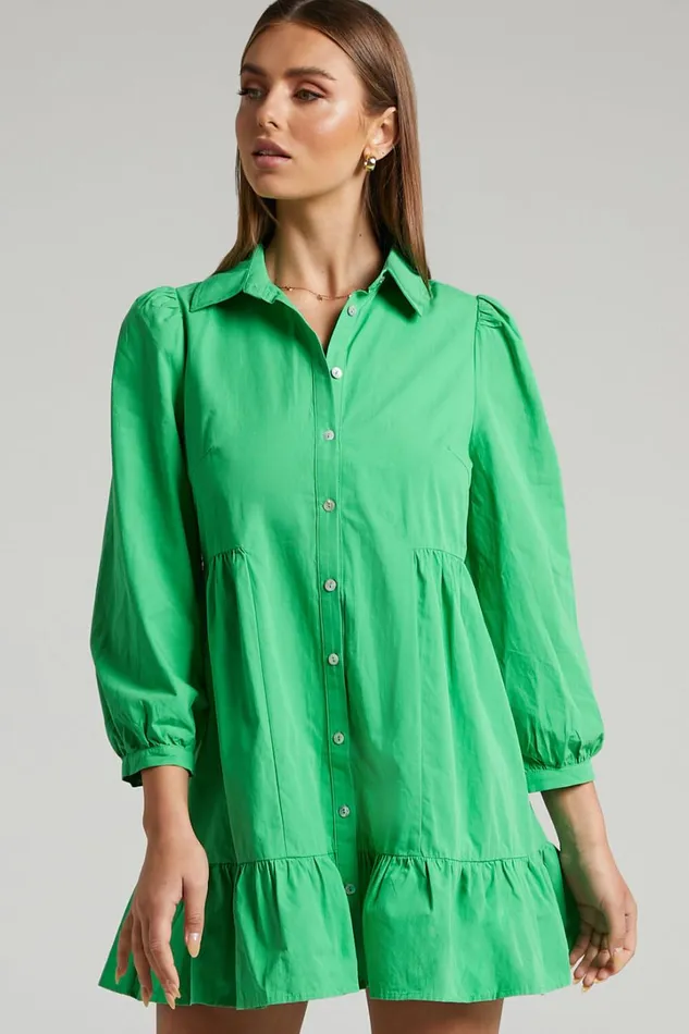 Maulee Mini Dress 8211 Frill Hem Shirt Dress In Green Women Showpo Curve Clothes