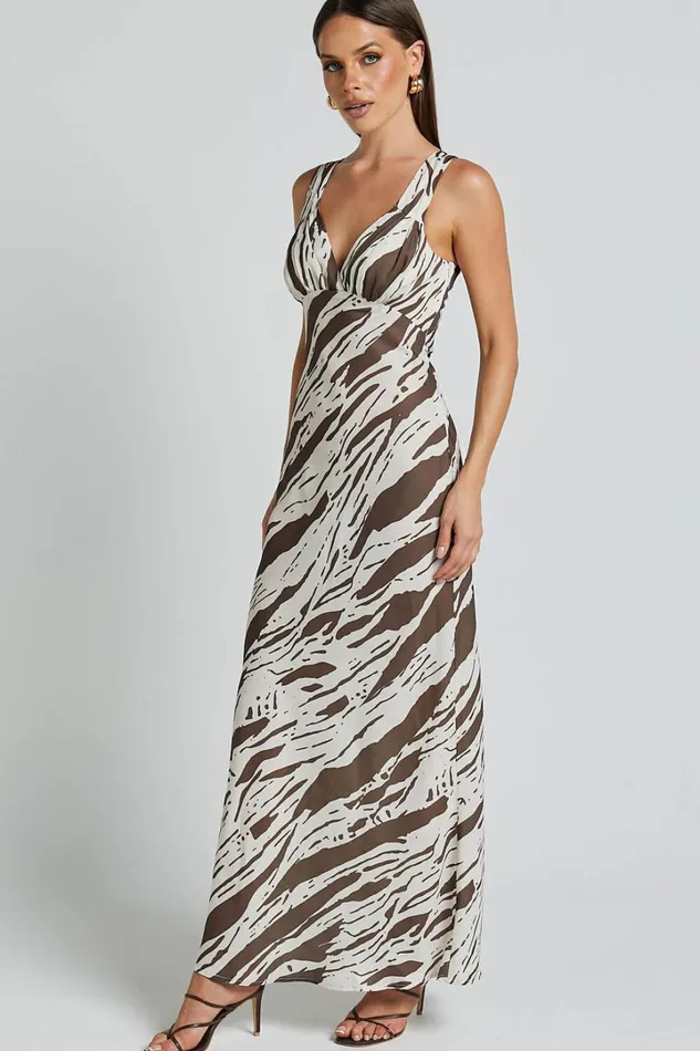 Mauriel Midi Dress 8211 Deep V Gathered Bust Slip Dress In Beige And Chocolate Women Showpo Dresses