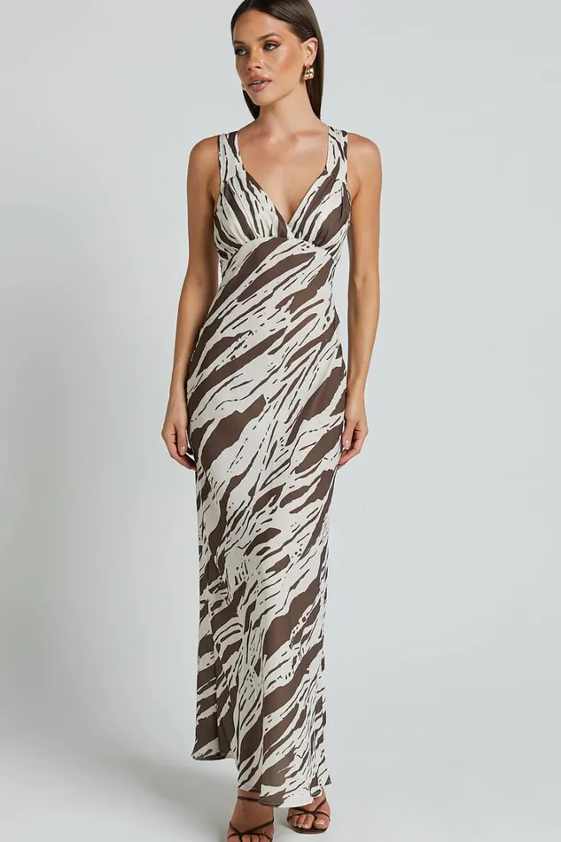 Mauriel Midi Dress 8211 Deep V Gathered Bust Slip Dress In Beige And Chocolate Women Showpo Dresses