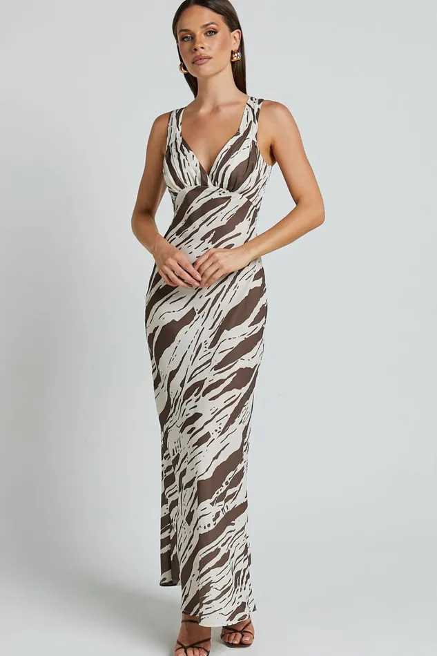 Mauriel Midi Dress 8211 Deep V Gathered Bust Slip Dress In Beige And Chocolate Women Showpo Dresses