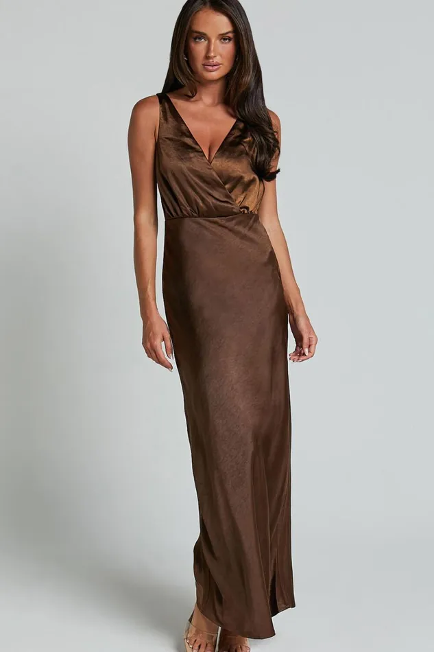 Melodie Midi Dress 8211 V Neck Satin Slip Dress In Chocolate Women Showpo Dresses