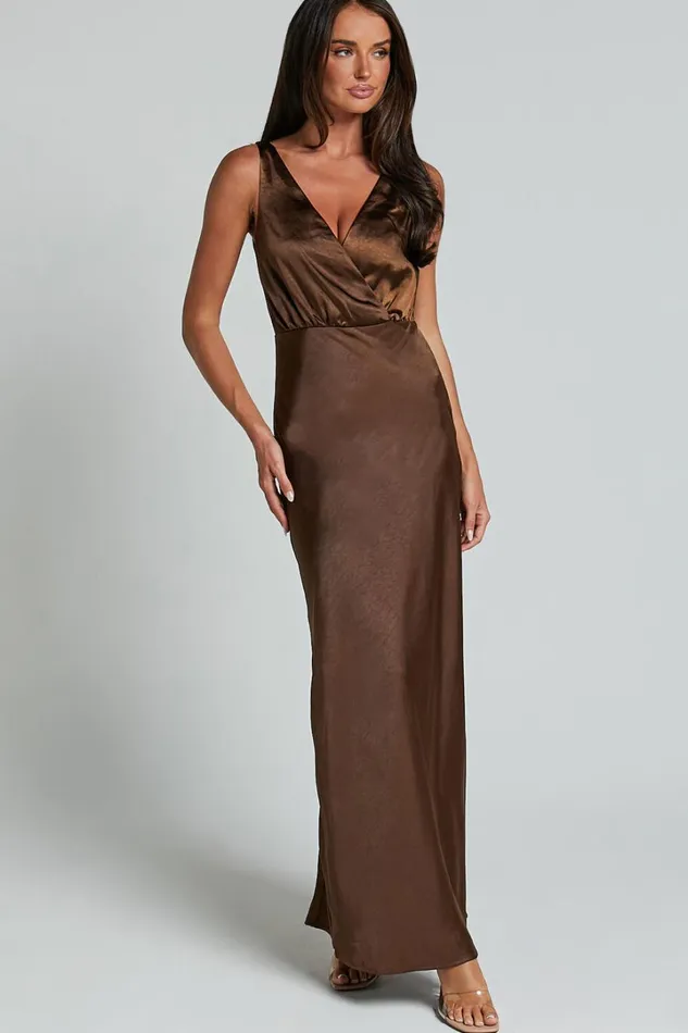 Melodie Midi Dress 8211 V Neck Satin Slip Dress In Chocolate Women Showpo Dresses