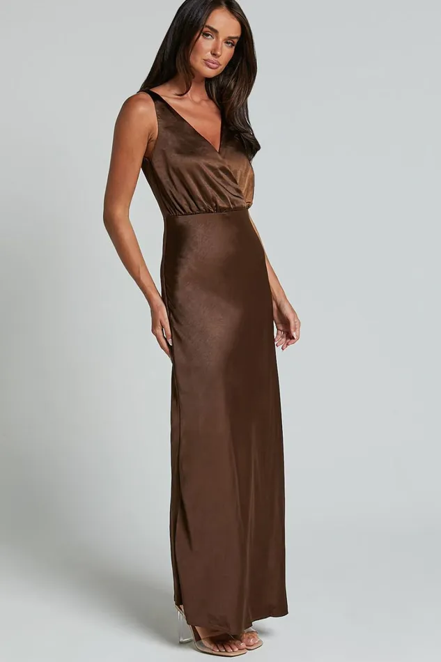 Melodie Midi Dress 8211 V Neck Satin Slip Dress In Chocolate Women Showpo Dresses