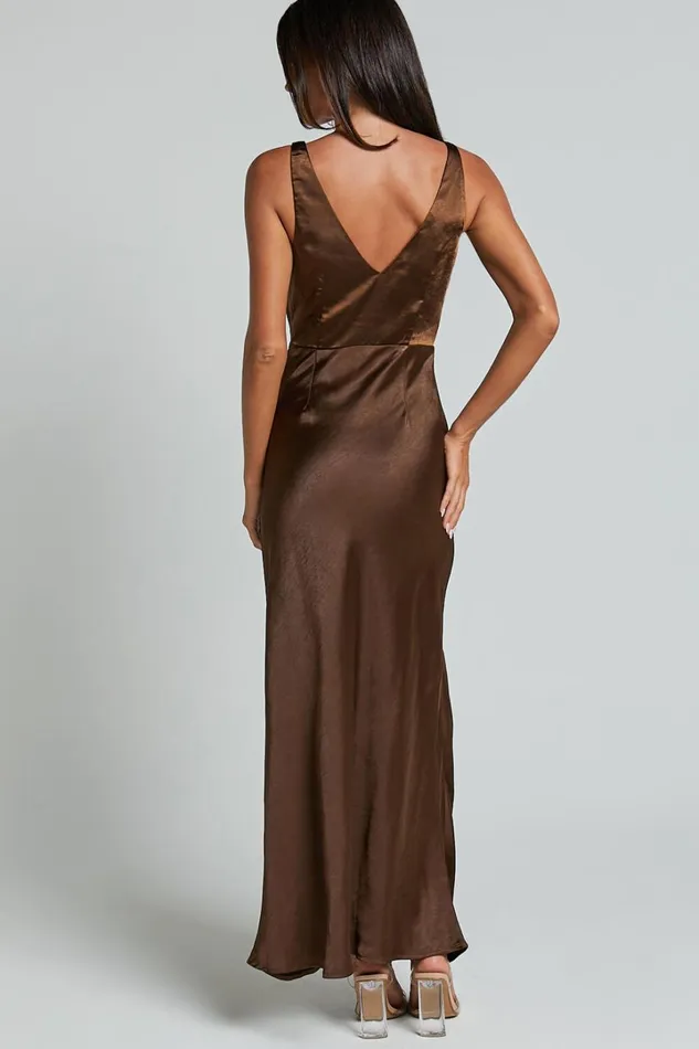 Melodie Midi Dress 8211 V Neck Satin Slip Dress In Chocolate Women Showpo Dresses