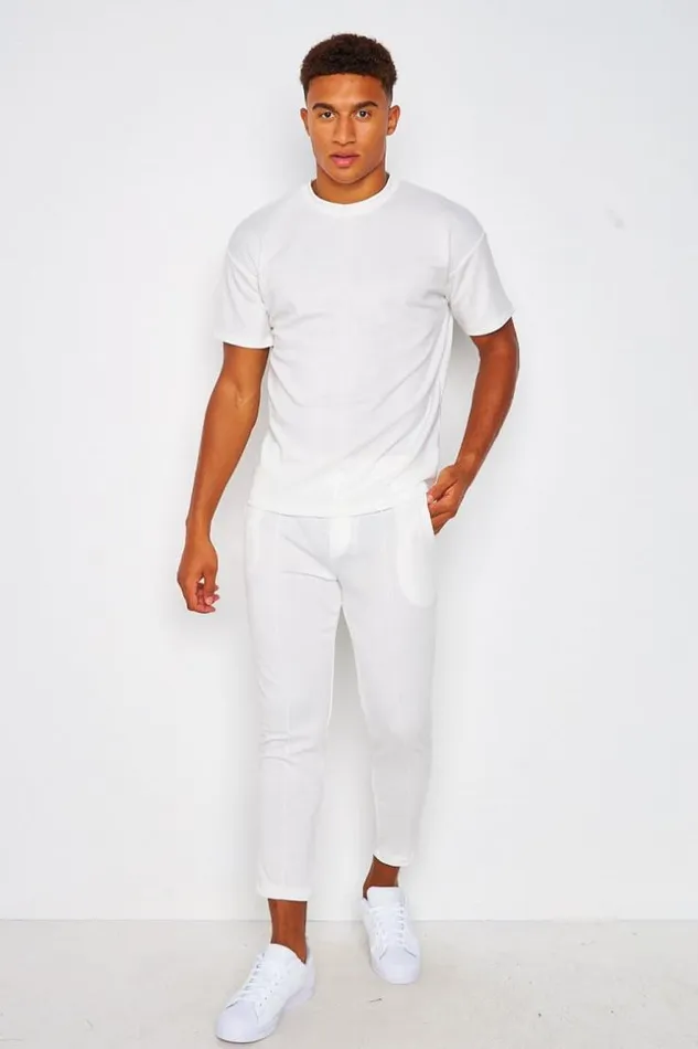 Men 2 Piece CoOrd Set TShirt Trousers With Seam Detail In White White Brentiny Paris Top Bottom Sets