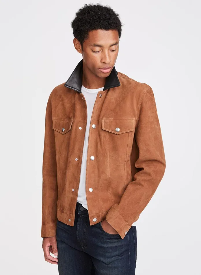 Men 7 For All Mankind Jackets 038 Coats Suede Trucker Jacket In Walnut