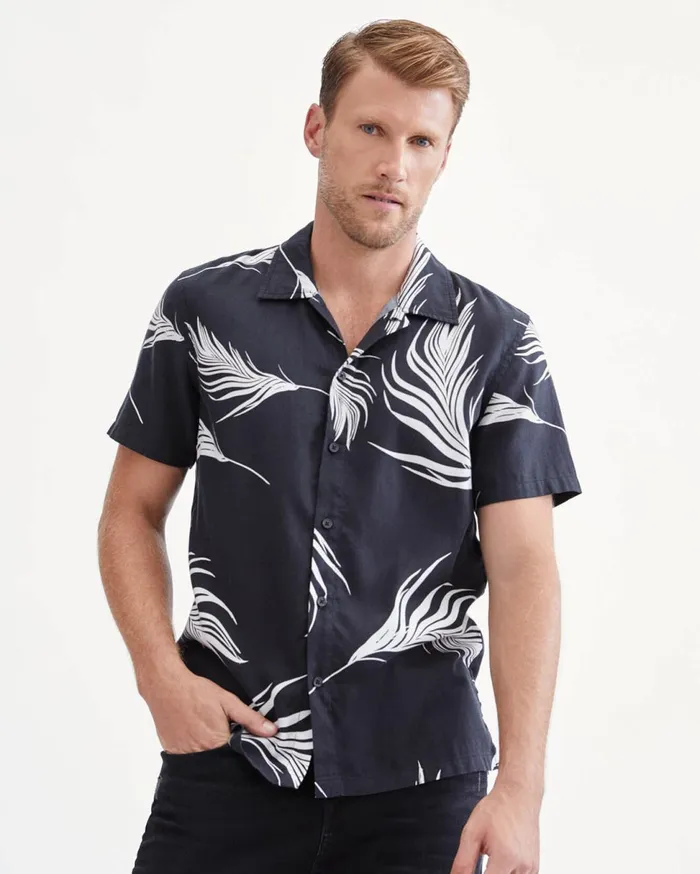 Men 7 For All Mankind Shirts Short Sleeve Camp Collar Shirt In Black 038 White