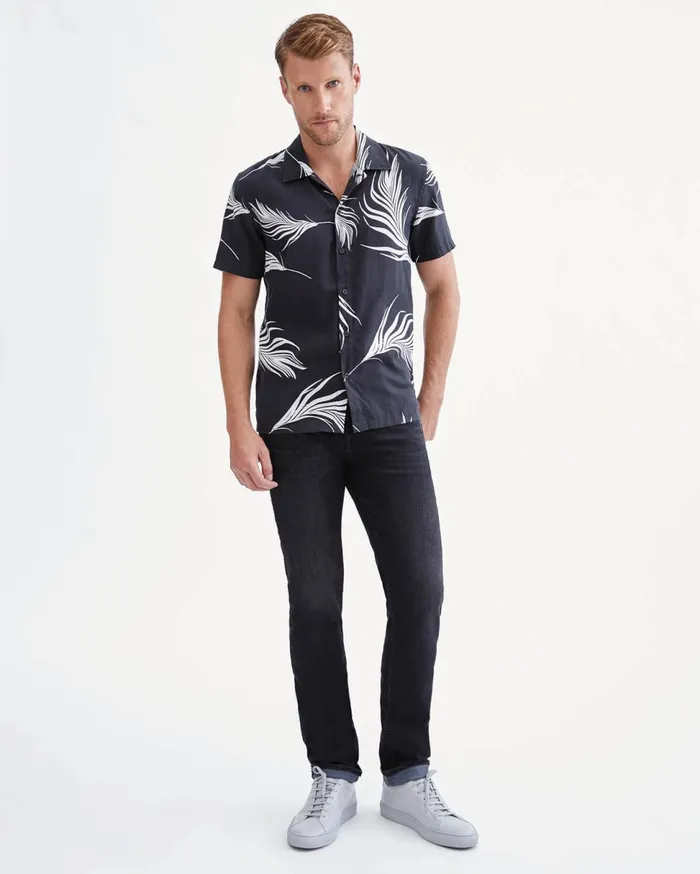 Men 7 For All Mankind Shirts Short Sleeve Camp Collar Shirt In Black 038 White