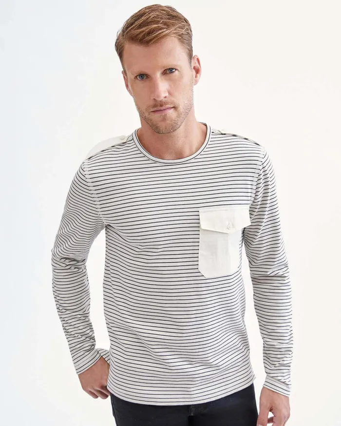 Men 7 For All Mankind Tees Long Sleeve Striped Epaulette Tee In Ivory 038 Black Stripe