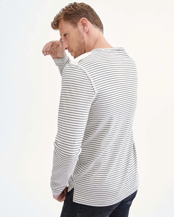 Men 7 For All Mankind Tees Long Sleeve Striped Epaulette Tee In Ivory 038 Black Stripe