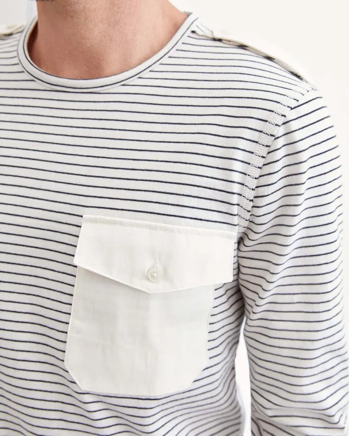 Men 7 For All Mankind Tees Long Sleeve Striped Epaulette Tee In Ivory 038 Black Stripe