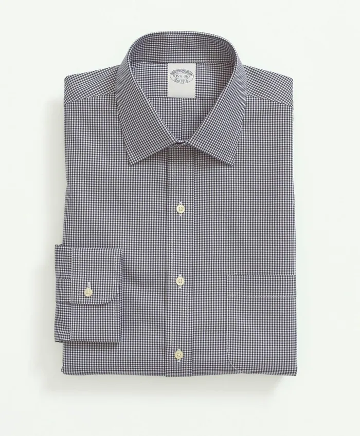 Men Big and Tall Stretch Supima Cotton NonIron Pinpoint Oxford Ainsley Collar Gingham Dress Shirt Navy Brooks Brothers Dress Shirts