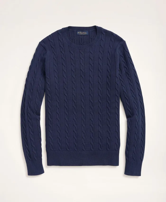 Men Big and Tall Supima Cotton Cable Crewneck Sweater Navy Brooks Brothers Sweaters