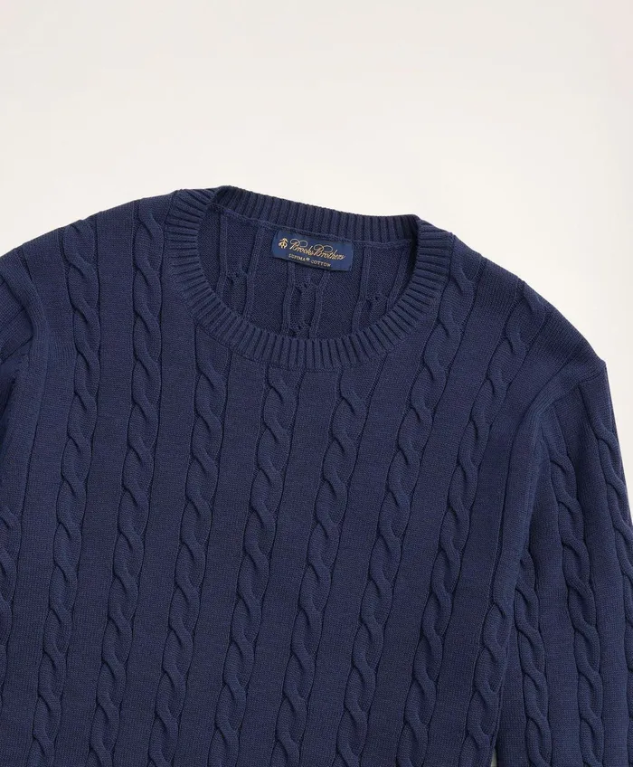 Men Big and Tall Supima Cotton Cable Crewneck Sweater Navy Brooks Brothers Sweaters