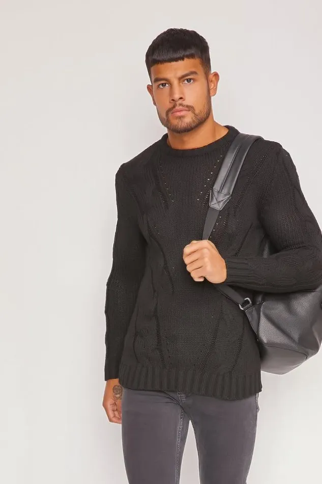 Men Black Chunky Knit Sweater Brentiny Paris Sweatshirts and Pullovers