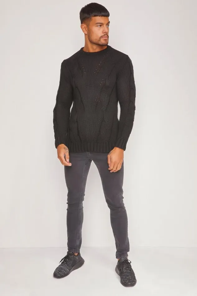 Men Black Chunky Knit Sweater Brentiny Paris Sweatshirts and Pullovers