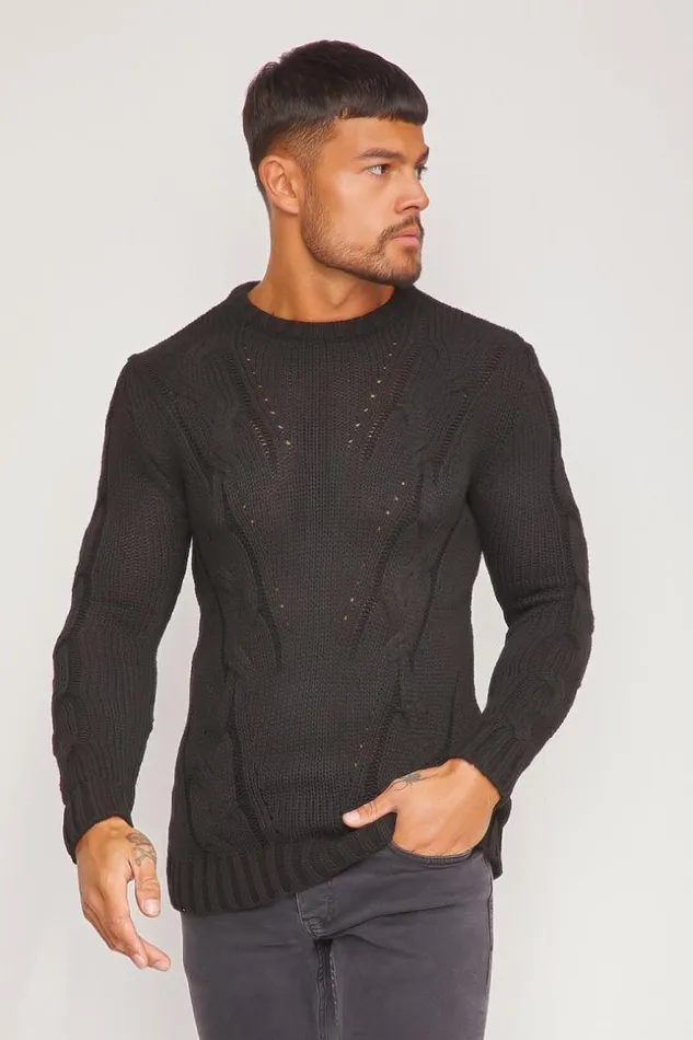 Men Black Chunky Knit Sweater Brentiny Paris Sweatshirts and Pullovers