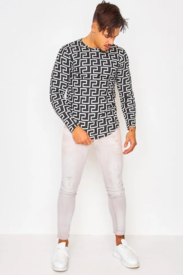 Men Black Jumper With Greek Pattern In White Black Brentiny Paris Sweatshirts and Pullovers