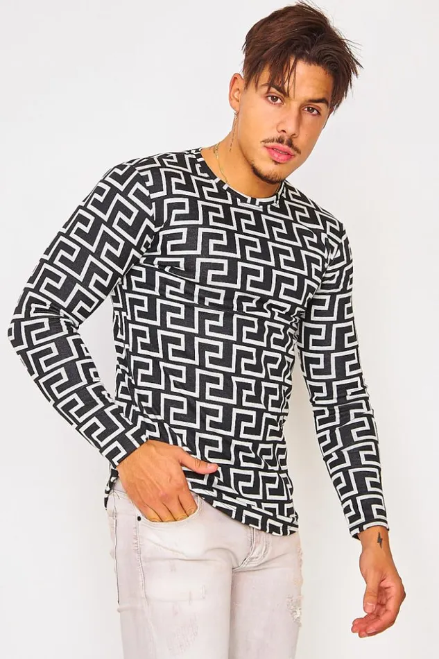 Men Black Jumper With Greek Pattern In White Black Brentiny Paris Sweatshirts and Pullovers