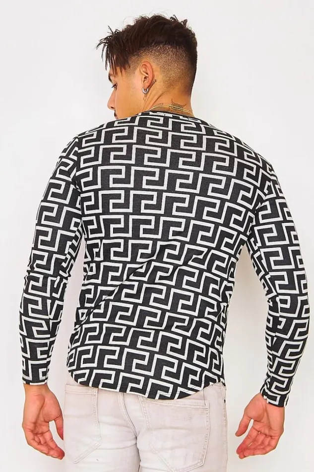 Men Black Jumper With Greek Pattern In White Black Brentiny Paris Sweatshirts and Pullovers