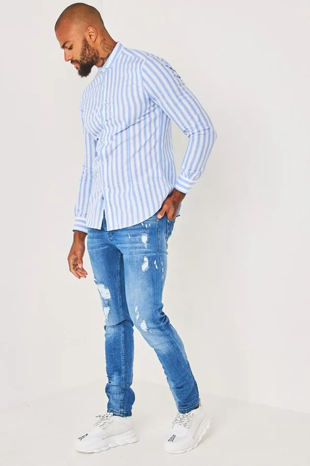 Men Blue White Striped Shirt Blue Brentiny Paris Shirts