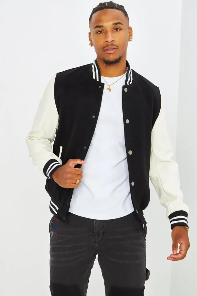 Men Bomber Noir En Simili Cuir Et Laine Black Brentiny Paris Jackets