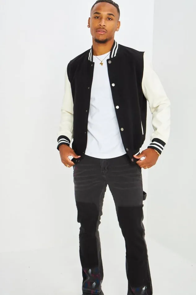 Men Bomber Noir En Simili Cuir Et Laine Black Brentiny Paris Jackets
